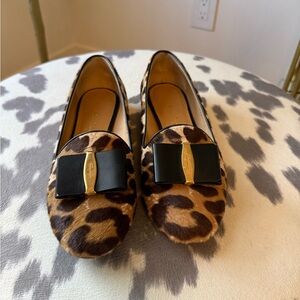 Ferragamo Leopard Print Loafers with Black Bow
